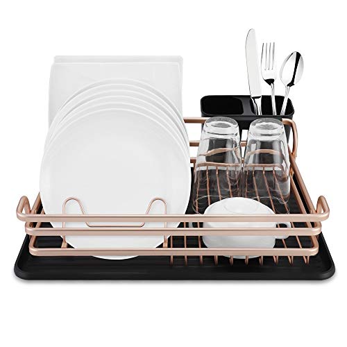 SPENING Dish Rack and Drainboard Set - Deluxe Aluminum Kitchen Drying Rack - Bronze Rose Gold Dish Drying Rack - Compact and Portable