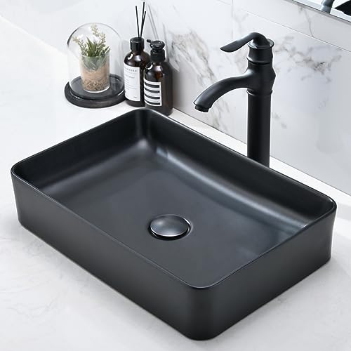 DEJIKOKU Lavabo de baño Negro de 20 x 14 Pulgadas, Rectangular, sobre encimera, Negro Mate, para Mueble de baño o tocador.