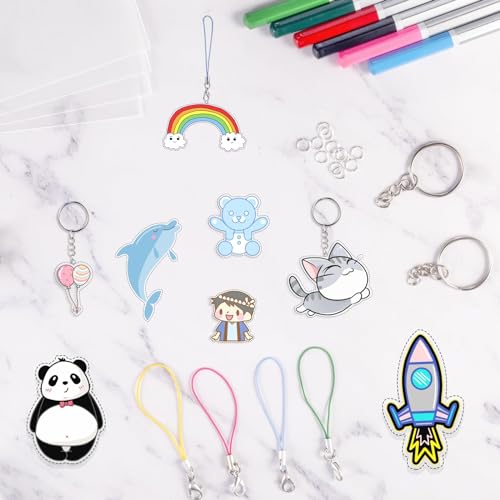 chfine Shrink Plastic Art Keychain kit, 175 Pcs Heat Shrinky Art Crafts Kit Including 20Pcs Shrinky Art Film Papers, 155 Accessories for Adults Creative Craft DIY Activity Ornaments Keychains