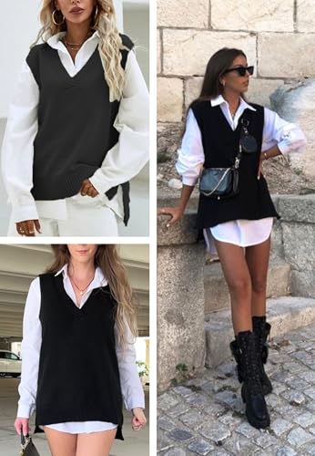 Zeagoo Sweater Vest Women Sleeveless V Neck Oversized Pullover Knitted Tops 2024 Fall Outfits Black thumb #1