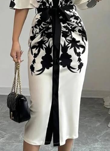 Women's 2025 Summer Black and White Print Classy Trendy V Neck Batwing Short Sleeve Waist Tie Elegant Party Midi Dress4