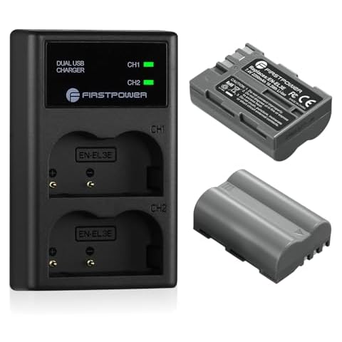 FirstPower EN-EL3e Battery 2-Pack 2200mAh and Dual USB Charger Compatible with Nikon D50, D70, D70s, D80, D90, D100, D200, D300, D300S, D700 Digital SLR Cameras Cover