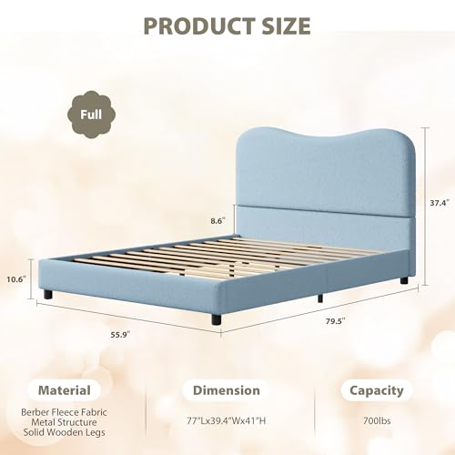 GarveeHome Full Size Bed Frame for Kids with Velvet Upholstered Headboard, Cute Low Profile Platform Bed for Girls and Boys, No Box Spring Needed, Strong Wooden Slats, Noise Free, Easy Assembly, Blue