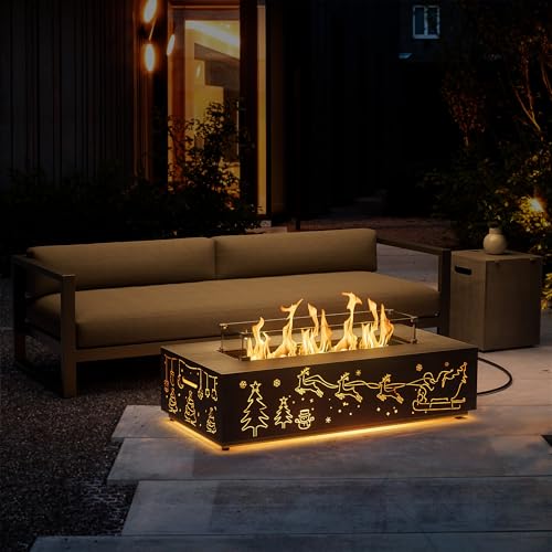 OPEAK Outdoor Fire Pit Table with LED Light Propane Fire pits Outdoor Fireplaces 42″ Rectangular Firepit Table, 50,001 BTU Fire Table (Gray - Golden Light)