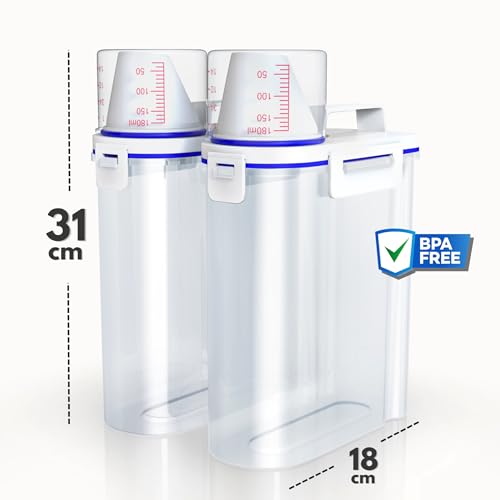 noviclass® [2er Set 2500ml Vorratsbehälter Aufbewahrungsbox mit Messbecher für Trockenfutter Reis Mehl Waschmittel Futterbehälter Hundefutter (Füllmenge: 2x2500ml)…