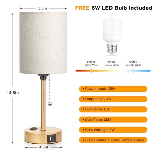 Image of Small Bedside Table Lamp for Bedroom, Desk Lamp with USB Ports for Dorm