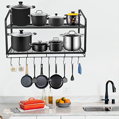 Amtiw Hanging Pot Rack, 2 Tier Pan Rack, Wall Mounted Pot Holders For Kitchen Storage, Pot And Pan Organizer With 10 Hooks, Ideal For Pans Set, Utensils, Cookware, Household #TOP6