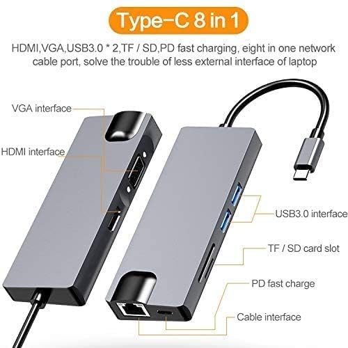 Image of USB HUB 8 in 1 USB C Adapter Docking Hub,Type C Thunderbolt3 to 4K UHD HDMI Converter & 2 USB 3.0,SD /TF Card Reader,60W Power Delivery,1000Mb Ethernet Port,VGA (USB C to 8 in 1 with RJ45 HUB)