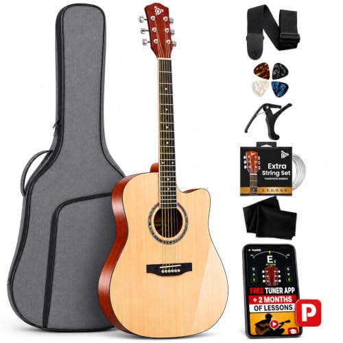 Pyle Beginner Acoustic Guitar Kit - Full Size 41” Cutaway Dreadnought Natural Matte Finish w/ Upgraded Gig Bag, Tuner, Steel Strings, Picks, Strap, Capo, For Beginners/Adults - (Natural, Premium Kit)