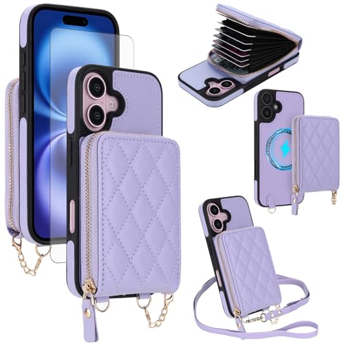 Coque iPhone 16 6,1" magnétique 2 en 1 porte-carte RFID et bandoulière violette