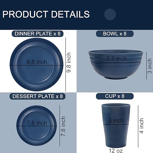 Supernal-Wheat-Straw-Dinnerware-Sets-Dinnerware-Sets-for-8-Plates-and-Bowls-Sets-Reusable-Dinnerware-Set-Microwave-Dishwasher-Safe-Blue-Plastic-Dinnerware-Sets-16pcs-Plates-8pcs-Bowls-8pcs-Cups