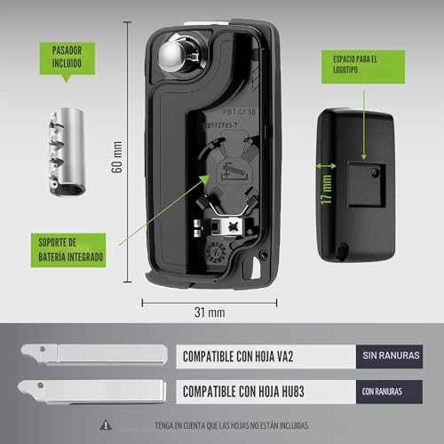 JONGO - Carcasa para Llave sin Hoja Compatible con Peugeot 207, 3008, 307, 308, Partner y Compatible con Citroën C3, DS3, C4, Berlingo | CE0536 | Funda Plip para Llaves Coche Mando a Distancia - Imagen 3