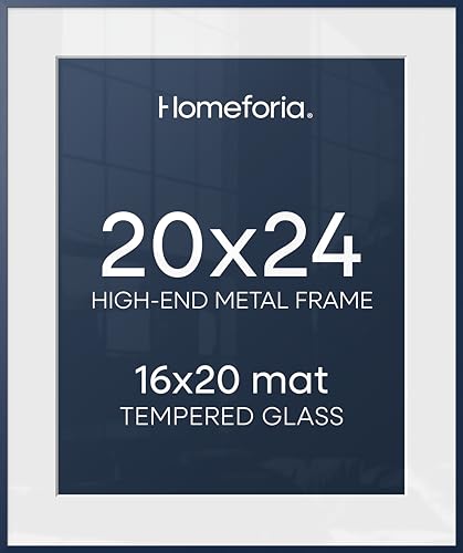 Image of Homeforia 20x24 Frame Navy Blue, High End Metal 20x24 Poster Frames with Mat 16x20 inch Photo, 20 x 24 Navy Blue Picture Frame Matted to 16 by 20 Print, 24x20 Frame, Tempered Glass, Wall Kit, Set of 1