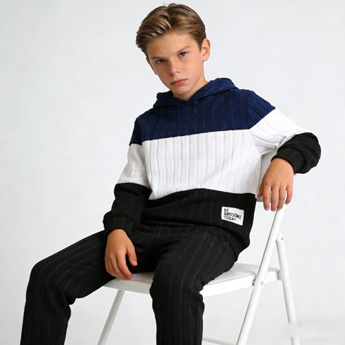 Image of 5-11Y Boys Clothes Long Sleeve Hooded Pullover Colorblock Sweatshirt + Pants 2pcs Fall Winter Outfit Set