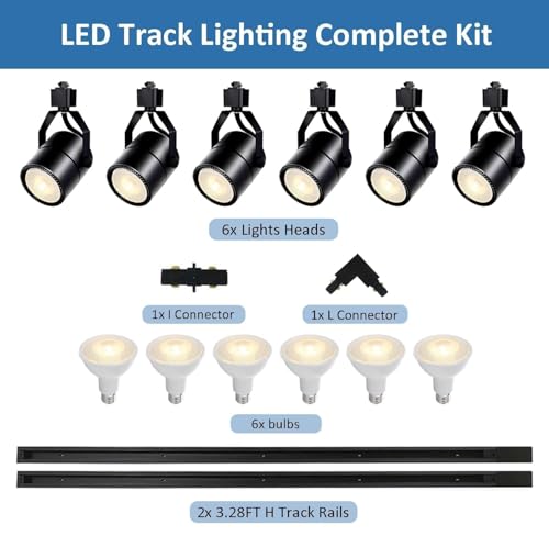 Image of 6 Pcs Black LED Track Lighting Kit 6000K Cold White | Dimmable LED Spotlight 20W 6.56FT H Type Track Rails Ceiling Fixtures Complete Lighting System For Shop Office