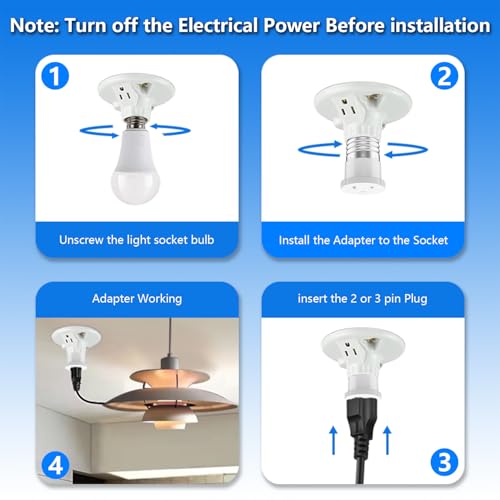 2 Pack, Light Socket to Plug Adapter, Convert Light Bulb Socket to Outlet Adapter (White).
