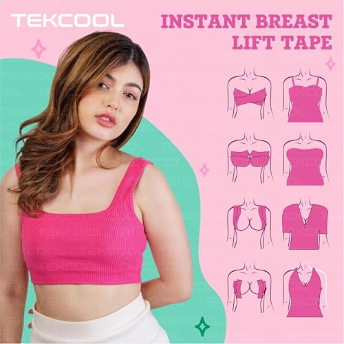 Image of TEKCOOL Boob Tape Kit - Instant Boob Tape with 10 Nipple Pasties for Fashion with 36 Strips Double Sided Tape for Clothes &1 Pair Reusable Nipple Cover for Women (Beige)