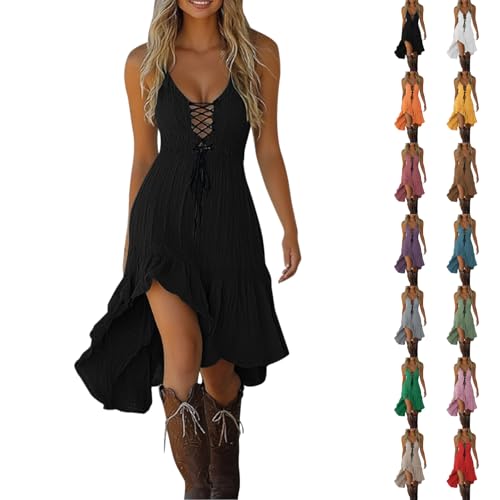 Western Dress for Women Cowgirl Sexy, Womens Summer Dresses Vintage Cowgirl Midi Dress Casual Sleeveless Ruffled Sundresses Halloween Western Outfit 2025