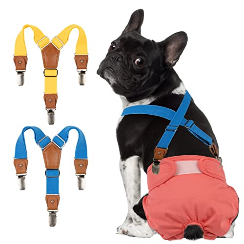 Pet Soft Dog Suspenders 2 Pieces Female Dog Diaper Suspenders for Dogs Diaper Keeper Suspender for Doggy Skirt Dress Diapers (Gold & Blue XS/S)