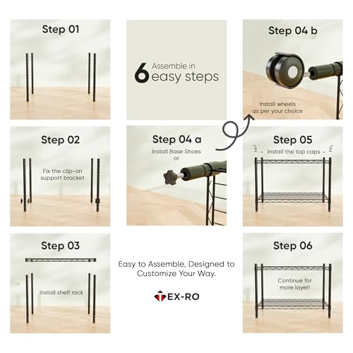 Image of TEX-RO Metal Rack for Kitchen Storage - Adjustable Iron Shelf with Wheels | Heavy Duty Steel Stand for Storage Multipurpose | 4 Tier Organiser Rack for Office, Bedroom (24X14X48 Inch)