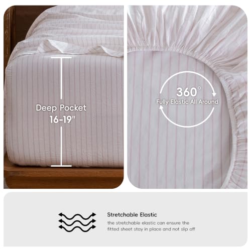 Image of MooMee Striped Sheet Set 100% Washed Cotton Linen Like Queen | Relaxed Linen-like Texture. Soft, Breathable & Lightweight Comfort. 15-19 inch Extra Deep Pocket with All-around Elastic