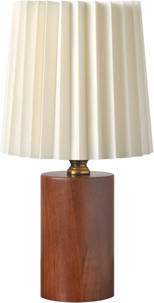 Pleated Aesthetic Desk Lamp with Wood Base Powered Nightstand Light for Bedrooms Compact Bedside Table Lamp Warm Glow for Home Hotel Use