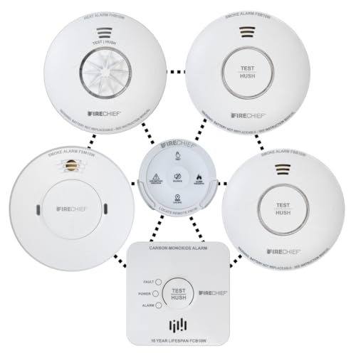 Fire Alarms for Home & Builders with Remote - 2 x Battery Smoke Alarms, Mains Smoke Alarm, Heat Alarm, Carbon Monoxide Alarm and Remote - Wireless Interlink - Cover the Whole Property