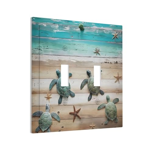 Decorative Light Switch Cover Plate Turtle Starfish Beaches Blue Wood Plank 2 Gang Wall Plate Oversized Double Toggle Two Switch Wall Cover Plate Dual Device Faceplate