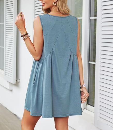 Image of Womens Babydoll Dress Summer Sleeveless Mini Dress Casual Loose V Neck Swing Flowy Beach Sundresses with Pockets