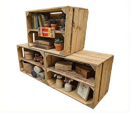 Teramico Vintage gebrauchten Holzkisten/Obstkisten/Weinkisten original aus dem Obstanbau mit Ablagefach geflammt 50 x 40 x 30cm (3 x Ablage Lang)