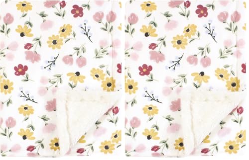 Image of Hudson Baby Infant Girl Plush Blanket with Furry Binding and Back, Soft Painted Floral, One Size (Pack of 2)