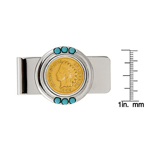 Coin Money Clip - 1800's Indian Penny Layered in Pure 24k Gold | Brass Moneyclip Layered in Silver-Tone Rhodium | Genuine Turquoise Stones | Holds Currency, Credit Cards, Cash | Genuine U.S. Coin2
