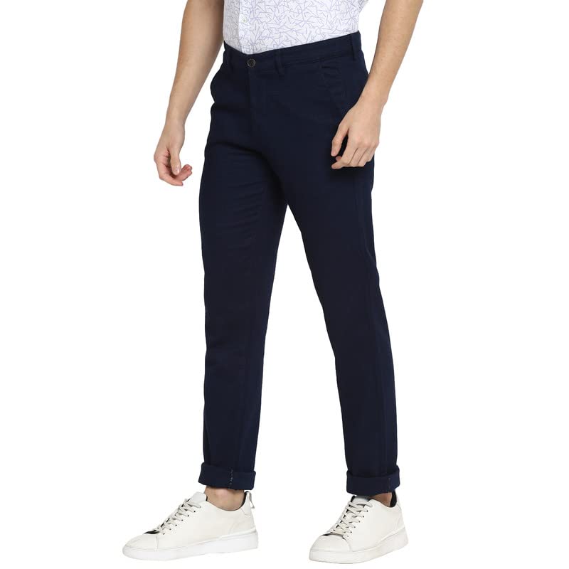 Image of Turtle Men Navy Blue Stretchable Ultra Slim Fit Self Design Casual Trousers