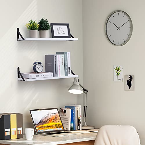 Fun Memories Floating Shelves Set Of 2, Wooden Wall Shelf 24 Inch Long, Modern White Shelves With Black Bracket For Wall Decor & Storage, Living Room, Bedroom, Bathroom #TOP3