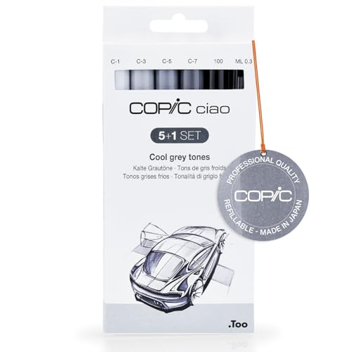 Copic Ciao - Juego de rotuladores (5 unidades, doble punta, incluye rotulador de punta fina 0,3 mm), tonos grises