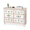 VINGLI Wash White Dresser for Bedroom 6 Drawer Dresser Chest of Drawers Boho Dresser Wooden French Country Dresser with Carved Flower Pattern Drawers Solid Wood Legs