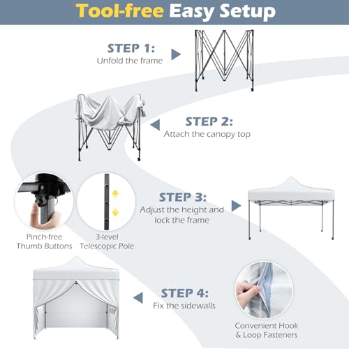 Image of Tangkula 10x10 FT Pop Up Canopy, Outdoor Tent with 4 Removable Sidewalls, Carbon Steel Frame, 4 Sandbags, 8 Stake & 4 Ropes, Wheeled Bag, Portable Canopy Tent for Party Event Camping (White)