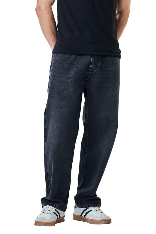 Image of SNITCH Men Jeans | Baggy Fit Relaxed Wide-Leg Design | Durable Cotton Blend with Medium Stretch & Light Fading | Casual Wear for All Seasons