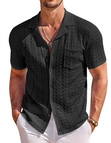COOFANDY Men's Knit Button Down Shirt Short Sleeve Vintage Polo Shirts Summer Casual Beach Tops