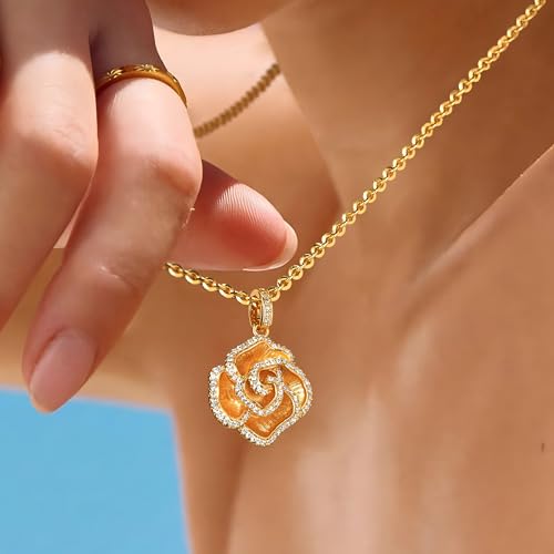 Fettero Gold Charm Necklace for Women, 14K Gold Plated Rose Paw Pendant Necklace, Dainty CZ Jewelry Necklaces for Women Gifts