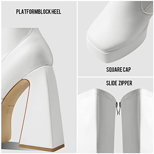 Goiphrri Womens Platform Knee High Boots Triangle Chunky Heel Side Zip Square Toe Punk Motorcycle Long Boots Combat Boots For Women #TOP1