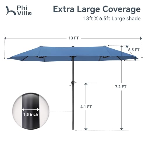 PHI VILLA 13ft Large Patio Umbrellas, Double-Sided Outdoor Market Rectangle Umbrella for Outside, Haze Blue