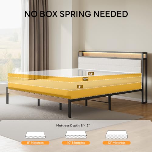 Image of LIKIMIO California King Bed Frame with Storage Headboard and LED Lights, Metal Platform Bed with Charging Station, Noise Free, No Box Spring Needed, Under Bed Storage, Natural and Cream
