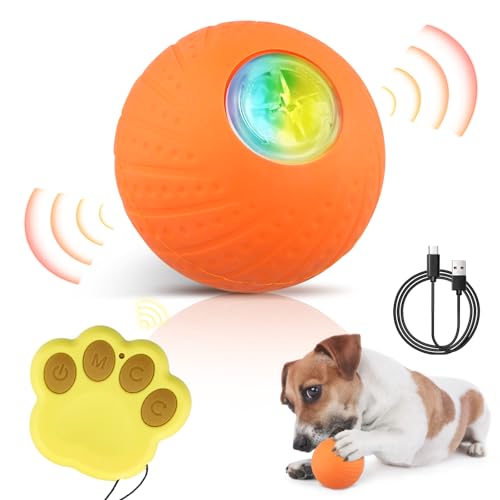 QCXWCJWD Interactive Dog Toys with Remote Control, Electric Toy Ball for Dogs, Automatic Rolling Ball Toys with 3 Mode, LED Light and USB Rechargeable,Toy Balls suitable for Puppy Small Medium Dogs