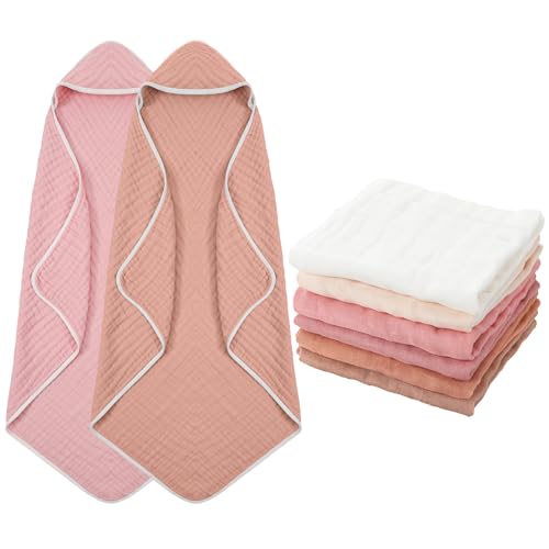 Image of 8 Pack Baby Bath Towels and Wash Cloth Set Muslin Hooded Soft 100% Cotton Baby Hooded Bath Towel Absorbent Towels Cloths for Babies, Infant, Toddler and Kids Newborn(Colorful Series)
