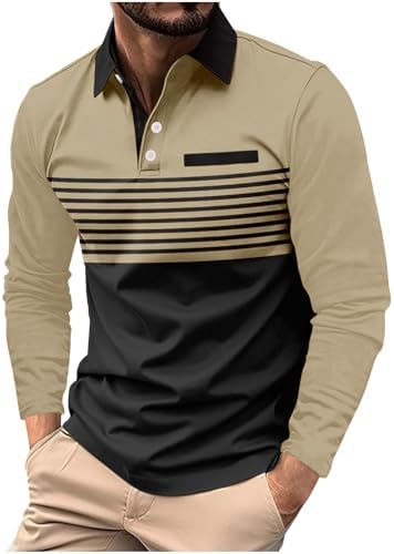 Aulemen Mens Fashion Color Block Polo Shirts Casual Long Sleeve T Shirt Striped Lightweight Golf Collared Shirts Khaki