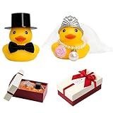 2 Stück Hochzeitssuppe Quietscheente mit Geschenkbox, Hochzeitsgeschenke für Brautpaar, Gummiente Braut und Bräutigam mit Rosenhalskette Schleife, Wedding Gift Hochzeitsdekoration