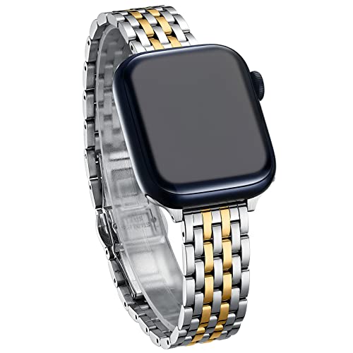 Two Tone Slim & Feminine Bands for Apple Watch Series 10 9 Se 8 7 6 5 4 3 2 1 Dressy Stainless Steel Silver and Gold Bands for Women for Apple Watch 40mm 41mm 42mm 38mm Feminine