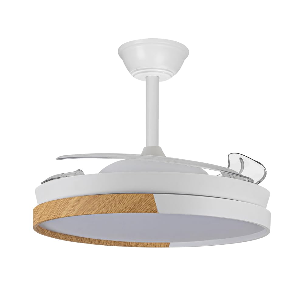 wonderlamp - Ventilador de techo con aspas retráctiles, Ventilador de techo con luz LED Arpino Blanco+Madera CCT 3000-4000-6000K, Intensidad Regulable 48W, Silencioso
