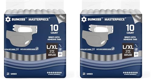 Image of SUNKISS Masterpiece Adult Diapers with Tabs, Unisex Disposable Incontinence Briefs for Women and Men, Odor Control, Grey, L /XL, 10 Count (Pack of 2)